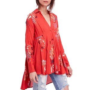 NWT Free People Field Of Butterflies V-Neck Tunic Blouse Top Tomato Combo Size S
